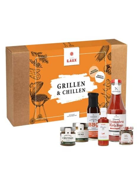 LAUX Grill und Relax Set | 6 BBQ Genussprodukte in einer Geschenkbox | Hochwertiges Grillzubehör | Vatertag und Grillen Geschenk