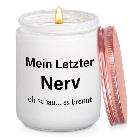 Lustige Geschenkidee für Frauen: Lavendel-Duftkerze als witziges Entspannungsgeschenk für Geburtstag, Weihnachten und Jahrestag.