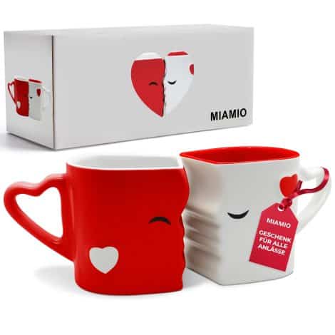 MIAMIO – Romantische Kaffeetassen im Set, perfekt als Geschenk für Frauen, Männer, Freund, Freundin, Brautpaar, zu Weihnachten. Aus rotem Keramik.