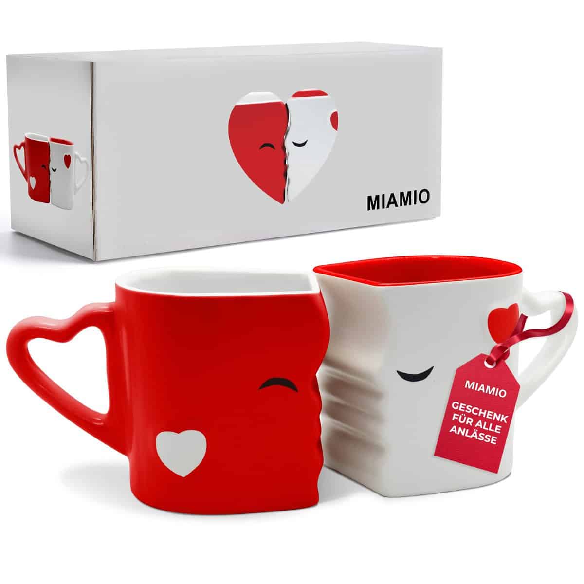 MIAMIO - Kaffeetassen/Küssende Tassen Set Geschenke für Frauen/Geschenke für Männer/Freund/Freundin Hochzeitsgeschenke für brautpaar/Weihnachten aus Keramik (Rot)