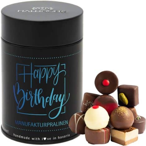 Hallingers 12 Schokoladenpralinen ohne Alkohol (150g) – Happy Birthday (Premiumdose) – perfektes Geschenk zu Weihnachten 2023.