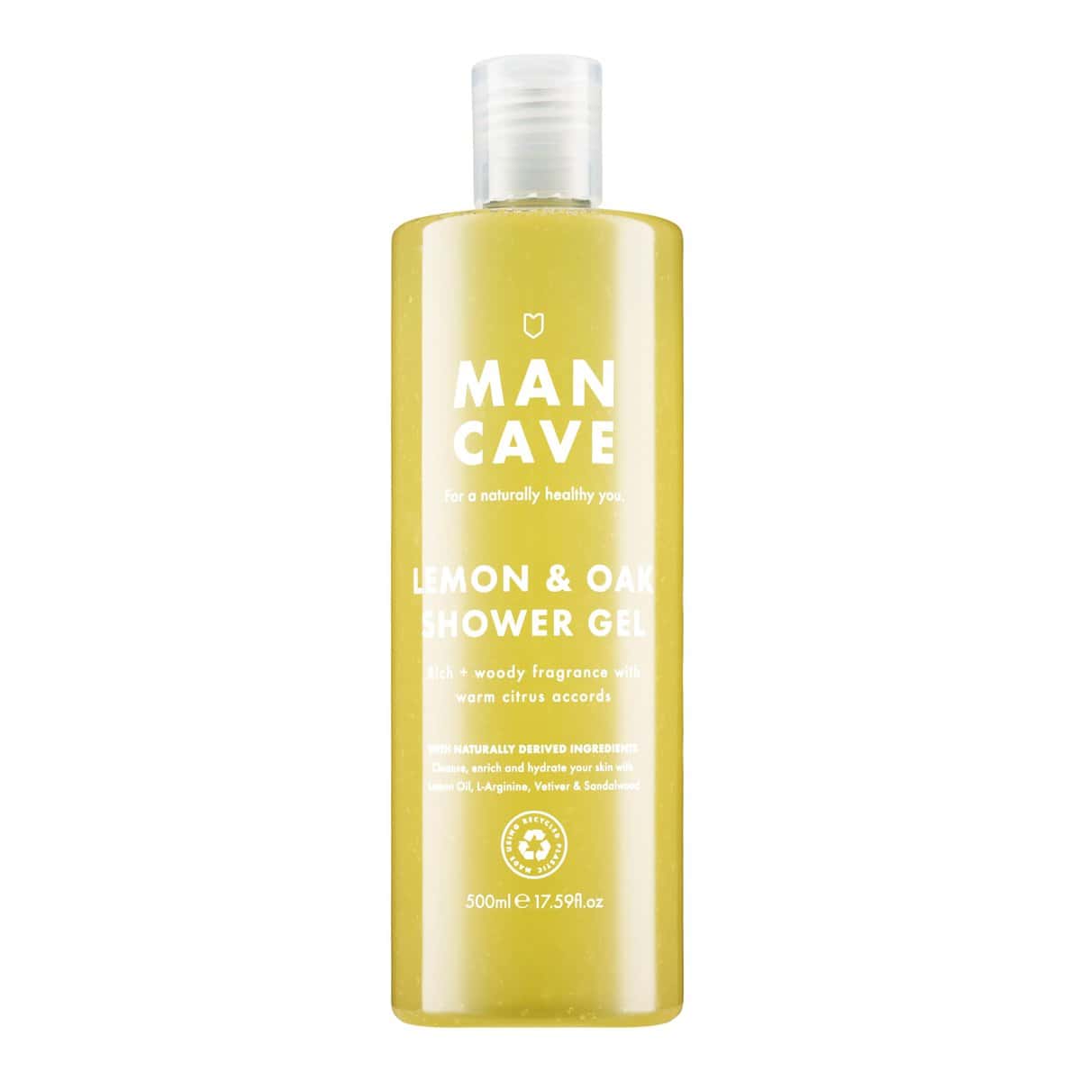 ManCave Duschgel Männer Lemon Oak, 500 ml Natürliche Formulierung - Duschgel Herren mit Zitronenöl, L-Arginin & Aloe Vera - Vegan, Tierversuchsfrei, Tube aus Recycling-Kunststoff - Hergestellt in GB