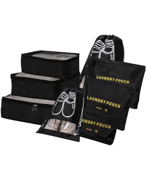 Schwarzer Reisekoffer-Organizer: Set mit 8 Packwürfeln für Kleidung, Schuhe, Unterwäsche und Kosmetik.