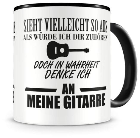 Schwarzer Kaffeebecher Samunshi® für Musiker mit Gitarre und Spruch, 300 ml, 95 mm hoch.