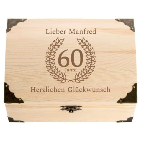 Geschenkbox zum 60. Geburtstag mit Gravur, personalisiertes Geldgeschenk für Männer und Frauen, 18x13x10cm.