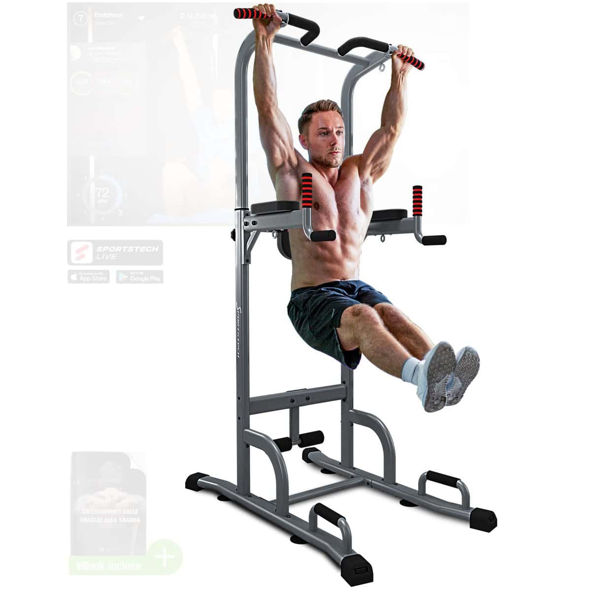 Sportstech 7in1 Power Tower PT300 als Dip Station & Kraftturm, multifunktionale Kraftstation für Zuhause mit Klimmzugstange, Liegestützgriffe und 4 Ösen für TRX, Ropes & Schlingen, Sit-Ups