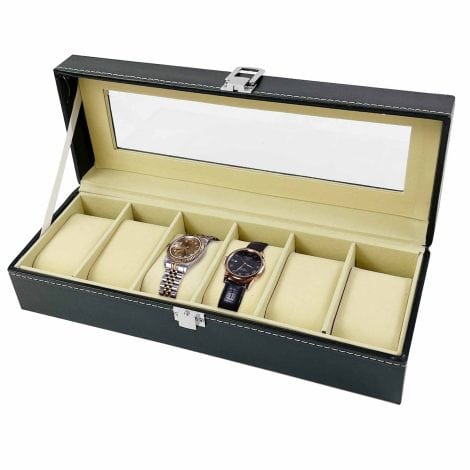 Wensdr 6 Fächer Uhrenbox mit Glasdeckel, Schmuck Aufbewahrungsbox für Schmuck PU Hülle schwarz für Männer Frauen
Paraphrase: Schwarze Uhren- und Schmuckbox mit 6 Fächern, Glasdeckel; für Männer und Frauen; Schmuckaufbewahrung in PU-Hülle.