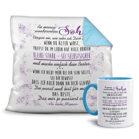 Mama’s Geschenkset für den Sohn: Tasse und Kissen in himmelblau – perfekte Idee für Familienlieblinge!