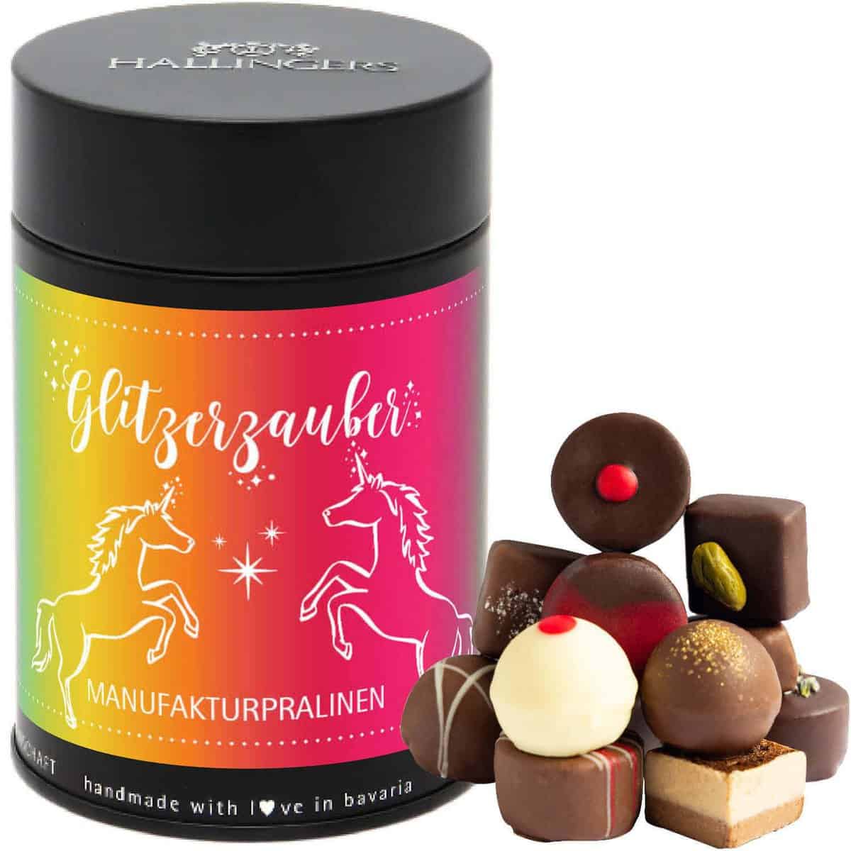 Hallingers 12 Manufaktur-Pralinen handgemacht, mit/ohne Alkohol (150g) - Einhornpralinen (Premiumdose) - zu Ostern, Danke, Glückwünsche - jetzt zu Weihnachten 2023 schenken