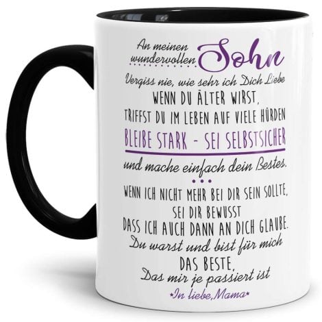 Schwarze Tasse mit Spruch für den Sohn – ideal als Geschenk von der Mama.