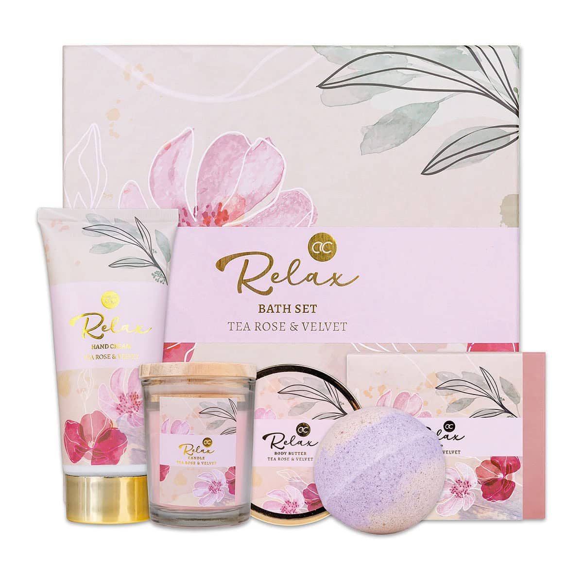 accentra - Geschenkset Frauen RELAX 5-teilig - Badeset Geschenk mit Duftkerze, Seife, Handcreme, Körperbutter & Badebombe  Wellness Set für Frauen & Mädchen zum Geburtstag & besonderen Anlässen