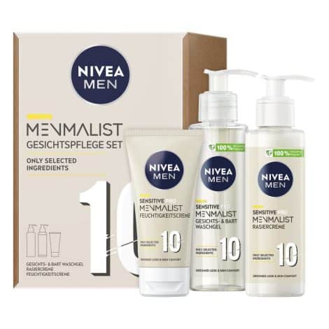 NIVEA MEN Geschenkset für sensible Männer, milde Pflege mit nur 10 ausgewählten Inhaltsstoffen – Waschgel, Rasiercreme, Feuchtigkeitscreme.