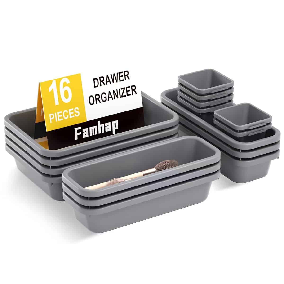 Famhap Schubladen Organizer, 16 Stücke Schubladen Ordnungssystem mit 3 Größen Aufbewahrungsbox, Aufbewahrungsbox für Küche, Zuhause, Büro & Home (Dunkelgrau)