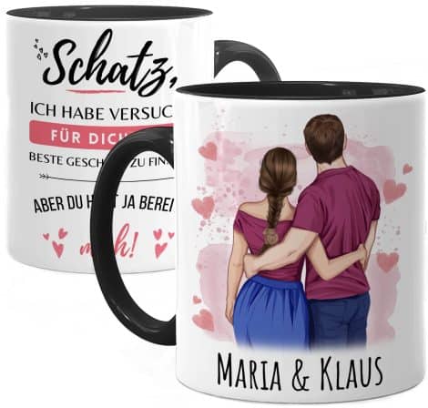 Schwarze Pärchen-Tasse mit persönlicher Gravur  Romantisches Geschenk für Jahrestage, Männer, Frauen, Valentinstag.