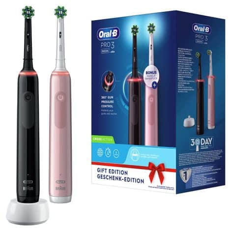 Oral-B PRO 3 3900 Elektrische Zahnbürste/Electric Toothbrush, Doppelpack, mit 3 Putzmodi und visueller 360° Andruckkontrolle für Zahnpflege, Geschenk Mann/Frau, Designed by Braun, schwarz/pink
Oral-B PRO 3 3900 Elektrische Zahnbürste im Doppelpack mit 3 Putzmodi und Andruckkontrolle, schwarz/pink, ideal als Geschenk für Männer und Frauen, von Braun entworfen.