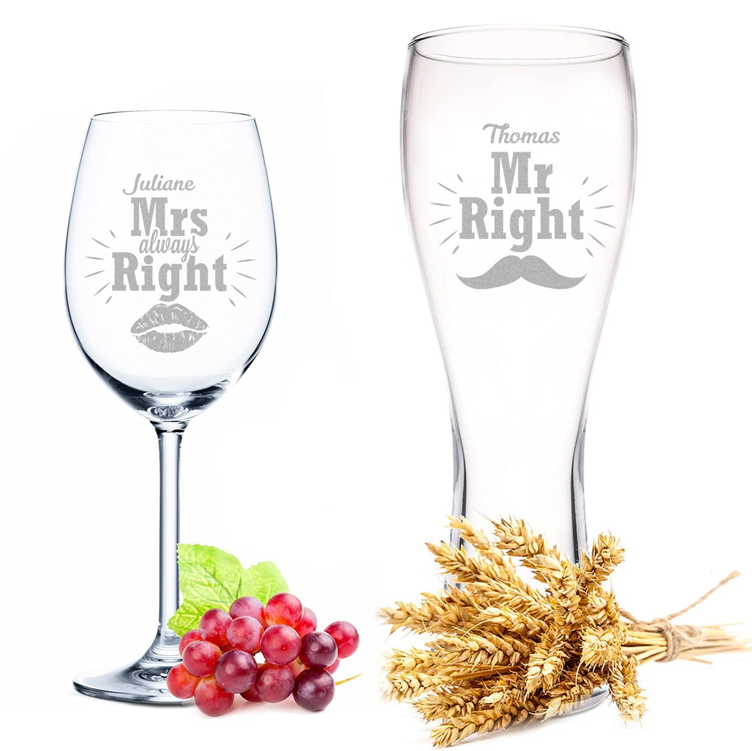 GRAVURZEILE Weizenglas + Weinglas - Mr Right & Mrs Always Right mit Namen - Personalisierte Geschenke - ideal als Hochzeitsgeschenk alternativ zum Geburtstagsgeschenk für Männer Frauen