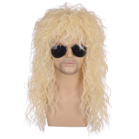 Blonde lange Vokuhila Mullet Perücke für cooles Halloween Cosplay im 80er Jahre Retro Rocker Stil.