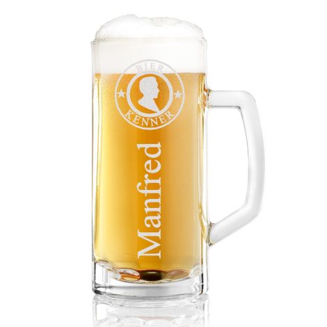 Personalisierter Bierkrug für Bierliebhaber mit 0,5l Fassungsvermögen und Gravur. Ideales Geschenk zum Geburtstag oder Vatertag.