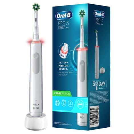 Oral-B PRO 3 3000 Elektrische Zahnbürste mit 3 Modi und Andruckkontrolle, Geschenk von Braun, weiß.