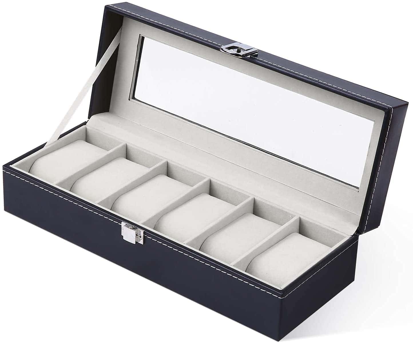 Ohuhu Uhrenbox mit 6 Fächern, Uhrenkasten Uhren Aufbewahrungsbox mit Glasdeckel, Uhrenbox 6 Uhren aus PU Leder und Samt Innenfutter, Watch Box Geschenk für Geschenk für Boyfriend Ehemann, Grau