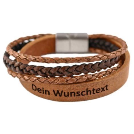 Personalisierte Lederarmbanduhr für Männer und Frauen in cognac, mit Magnetverschluss aus Edelstahl. Ideal als Freundschafts- oder Partnergeschenk.