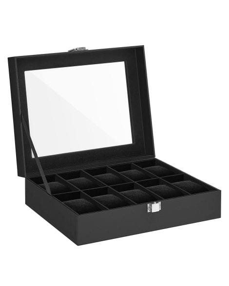 SONGMICS Uhrenbox mit Platz für 10 Uhren, schwarz, mit Glasdeckel, herausnehmbaren Kissen und Metallverschluss. Perfektes Geschenk!