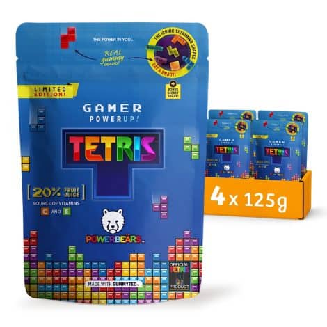 Powerbeärs Game-Gummis – 4x125g Tetris geformte Gummibärchen – 20% Fruchtsaft und Vitamine, 8 köstliche Aromen.