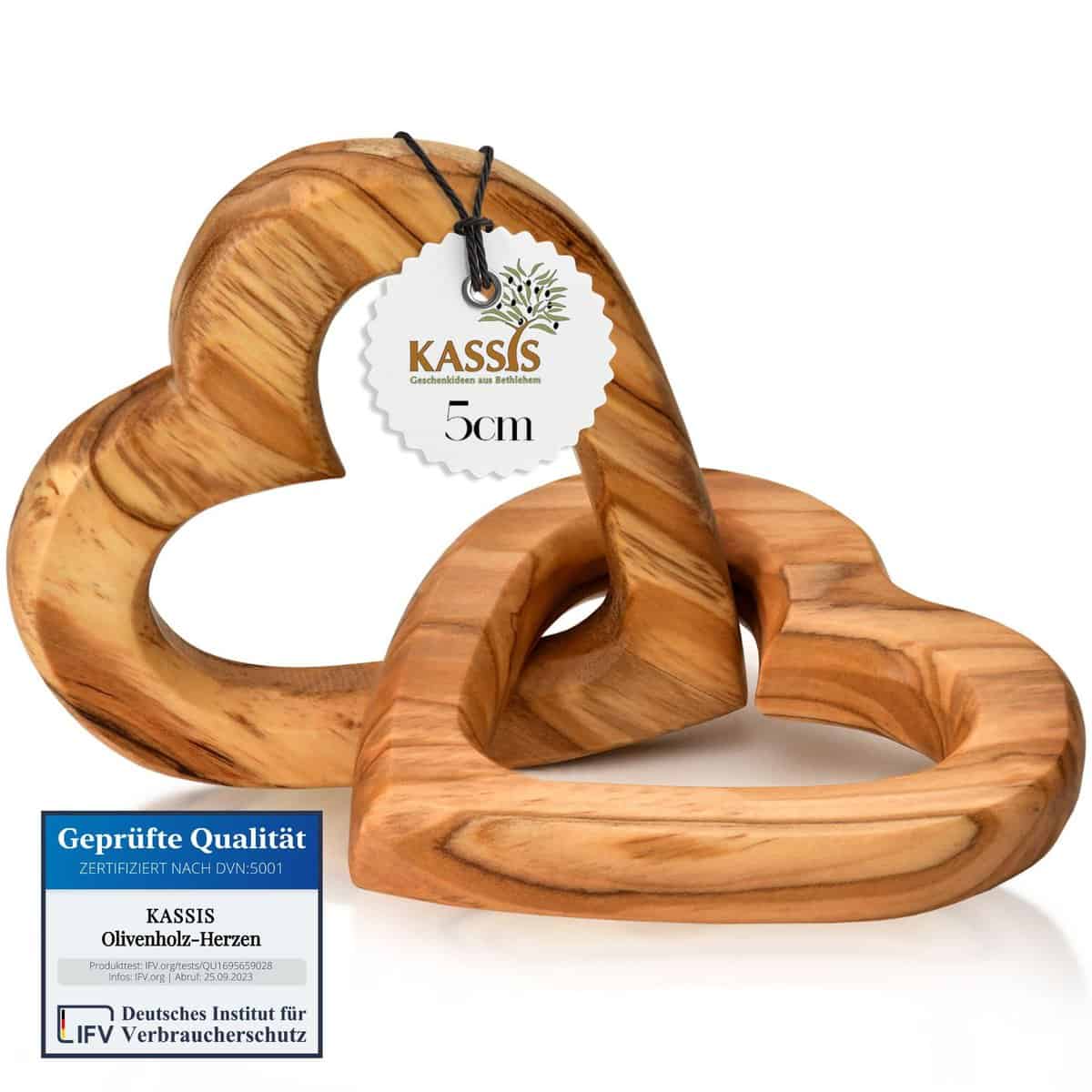 KASSIS Olivenholz-Herzen für Brautpaar, zum Valentinstag, Jubiläum, Hochzeitstag, Geburtstag - verbundene Holz-Herzen - Hochzeitsgeschenk - (5 cm)