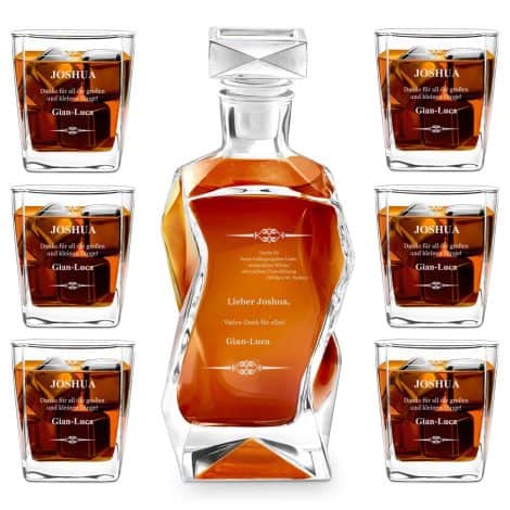 Maverton Whiskey Karaffe Set mit 6 Whiskygläsern und Gravur – 700ml Dekanter – Geburtstagsgeschenk für Männer.