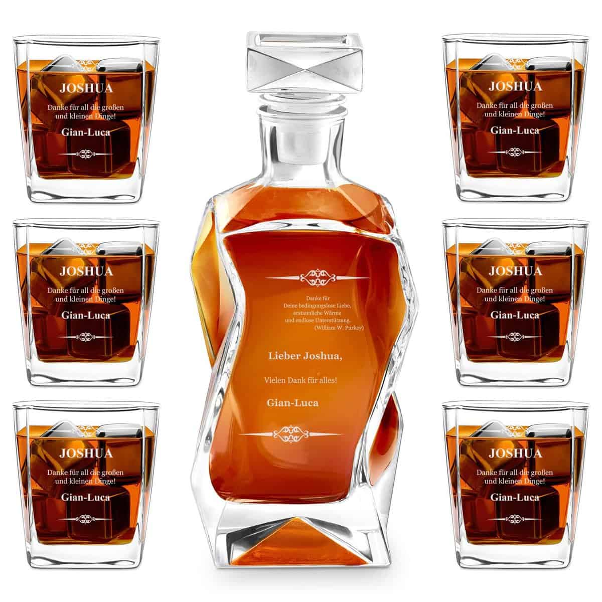 Maverton Whiskey Karaffe + 6er Whiskygläser Set mit Gravur - 700ml Whisky Dekanter - Geschenk zum Geburtstag für Männer - Danksagung