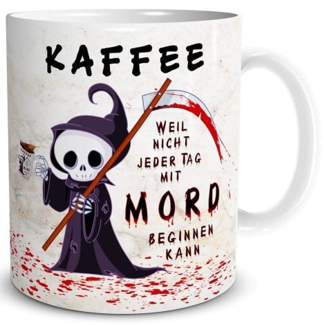 “Lustige Kaffeeliebe Mord-Tasse mit Spruch für Büro, Kollegen und Kaffeeliebhaber, in Beige als Geschenk.”