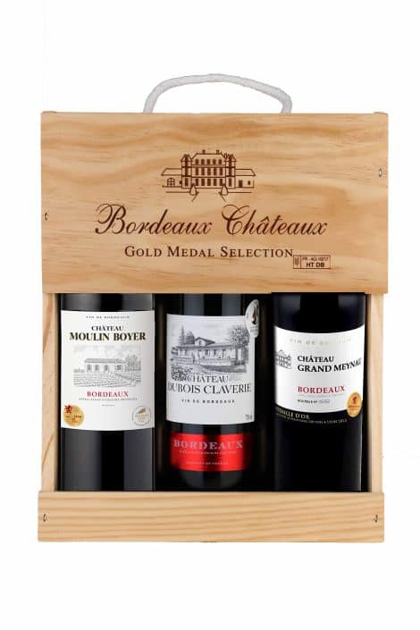 Bordeaux Auswahl – Rotwein Geschenkset mit Goldmedaille in Holzkiste – Perfektes Geschenk aus Frankreich. (3 x 0,75 l)