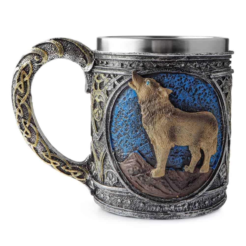 Geila Edelstahl Wolf Tasse, Harz 3D stereoskopische Retro Wölfe Tasse, Kaffeebecher, Halloween Bierkrug Metallbecher, Wolf Dekor Wolf Geschenke für Männer