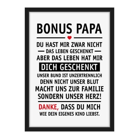 Dankeschön Papa Stiefvater Geschenkidee Stiefpapa Poster im Holzrahmen für Küche, A4, Schwarz.