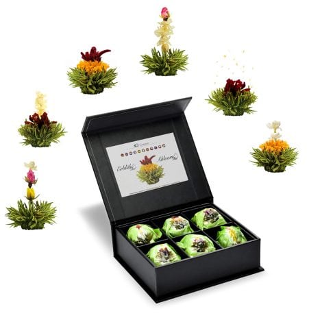 Creano 6 Teeblumen Geschenkset, grüner Tee in eleganter Magnetbox mit Silberverzierung – 6 Sorten – Weihnachtsgeschenk.