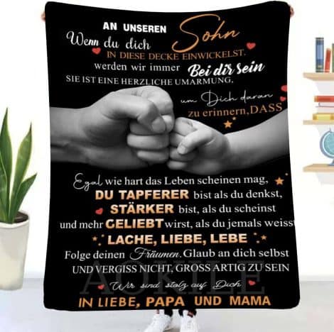 AOKILE Individuelle Kuscheldecke für unseren Sohn, von Mama und Papa – Briefdecke mit Luftpostmotiv für Zuhause (Eltern zu Sohn,150×200)