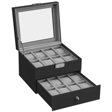 SONGMICS Armbanduhr Aufbewahrungsbox mit Glasdeckel, 2 Etagen, herausnehmbare Kissen, Geschenkidee, Schwarz-Grüner Bezug. JWB016G01.