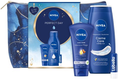 NIVEA Perfekter Tag Geschenkset: Feuchtigkeitsspendendes Pflegeset, Handcreme, Labello, Body Milk und Kulturtasche in Geschenkbox.