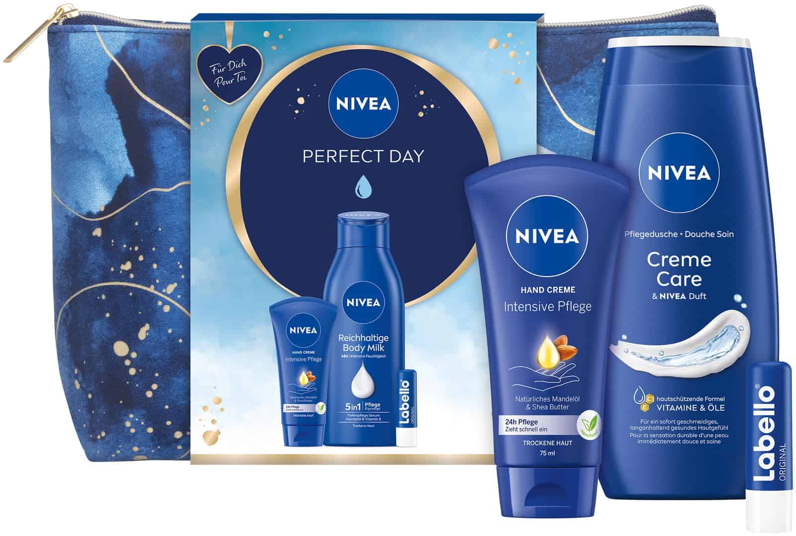 NIVEA Perfect Day Geschenkset, Pflegeset mit feuchtigkeitsspendenden Pflegeprodukten, Geschenkbox mit Hand Creme, Labello, Body Milk und Kulturtasche