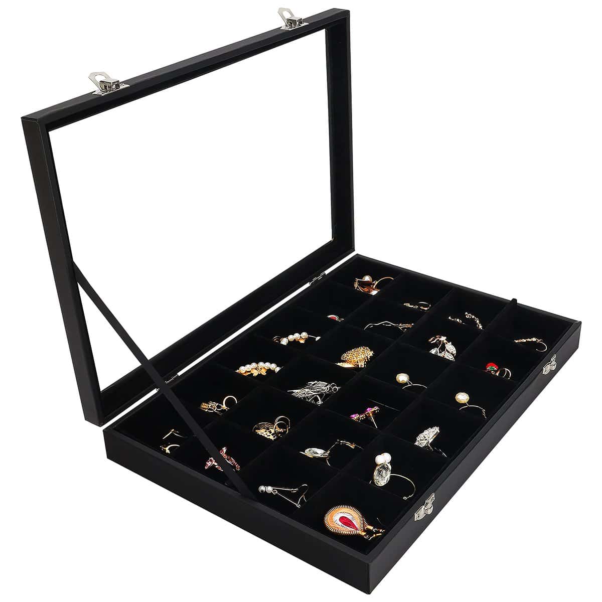 Belle Vous Jewelry Organizer Schmuckkasten Schwarz, Samt Box Glas Deckel & 24 Fächer  Schmuckaufbewahrung Stapelbar Schmuckschatulle Schubladen Verstellbar für Ringe, Ketten, Armband, Ohrringe, Uhren