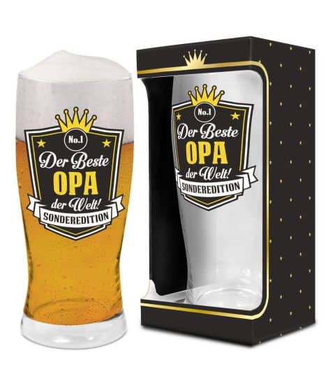 ABC Casa Opa Bierglas 0,5l in Geschenkbox mit Beschriftung “Bester Opa der Welt” – spezielle Sonderausgabe für den Großvater.