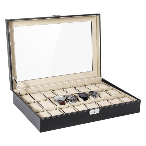 Uten Uhrenkasten mit Metallschloss, Schlüssel und herausnehmbaren Uhrenkissen, Geschenkidee Watch Box Schwarz, 24 Uhren.