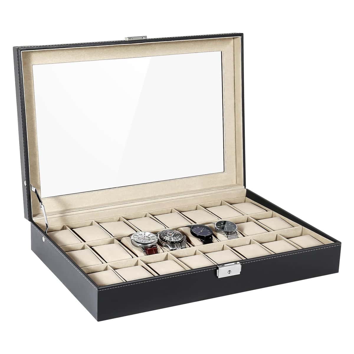 Uten Uhrenkasten 24 Uhren, Uhrenbox Herren Aufbewahrungsbox mit Metallschloss, Schlüssel und herausnehmbaren Uhrenkissen,Geschenkidee Watch Box Schwarz