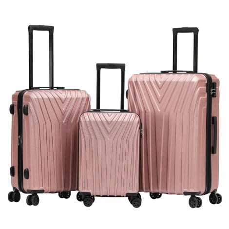 BEIBYE 3-teiliges Hartschalen Kofferset mit Zwillingsrollen, TSA Schloss und Erweiterung in Rosa Gold. 
(Translation: BEIBYE 3-piece hard shell luggage set with twin wheels, TSA lock, and expansion in rose gold).