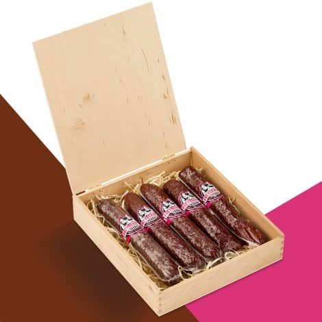 Salami Wurst Sticks vom Metzgerweltmeister Freyberger in Holzkiste | Nürnberger Wurst & Fleisch-Geschenk in Box | fröhliches Geschenk | regionale Fleischsnacks