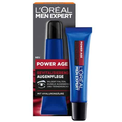 Augencreme für müde Männerhaut: L’Oréal Paris Men Expert Anti Aging Augenpflege mit Hyaluronsäure, Power Age, 1 x 15 ml.