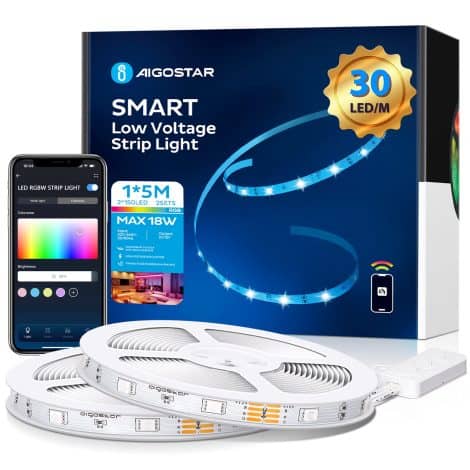 Aigostar 5m LED-Streifen mit WLAN, Smart App-Steuerung und Farbwechsel, kompatibel mit Alexa und Google Assistant. Ideal für Partys zuhause. 2 Sets.