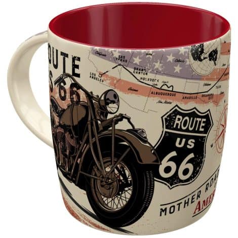 Nostalgischer Retro Kaffeebecher, 330 ml, Route 66 Bike Karte  Geschenk für USA Begeisterte, Keramik Tasse, Vintage Look.