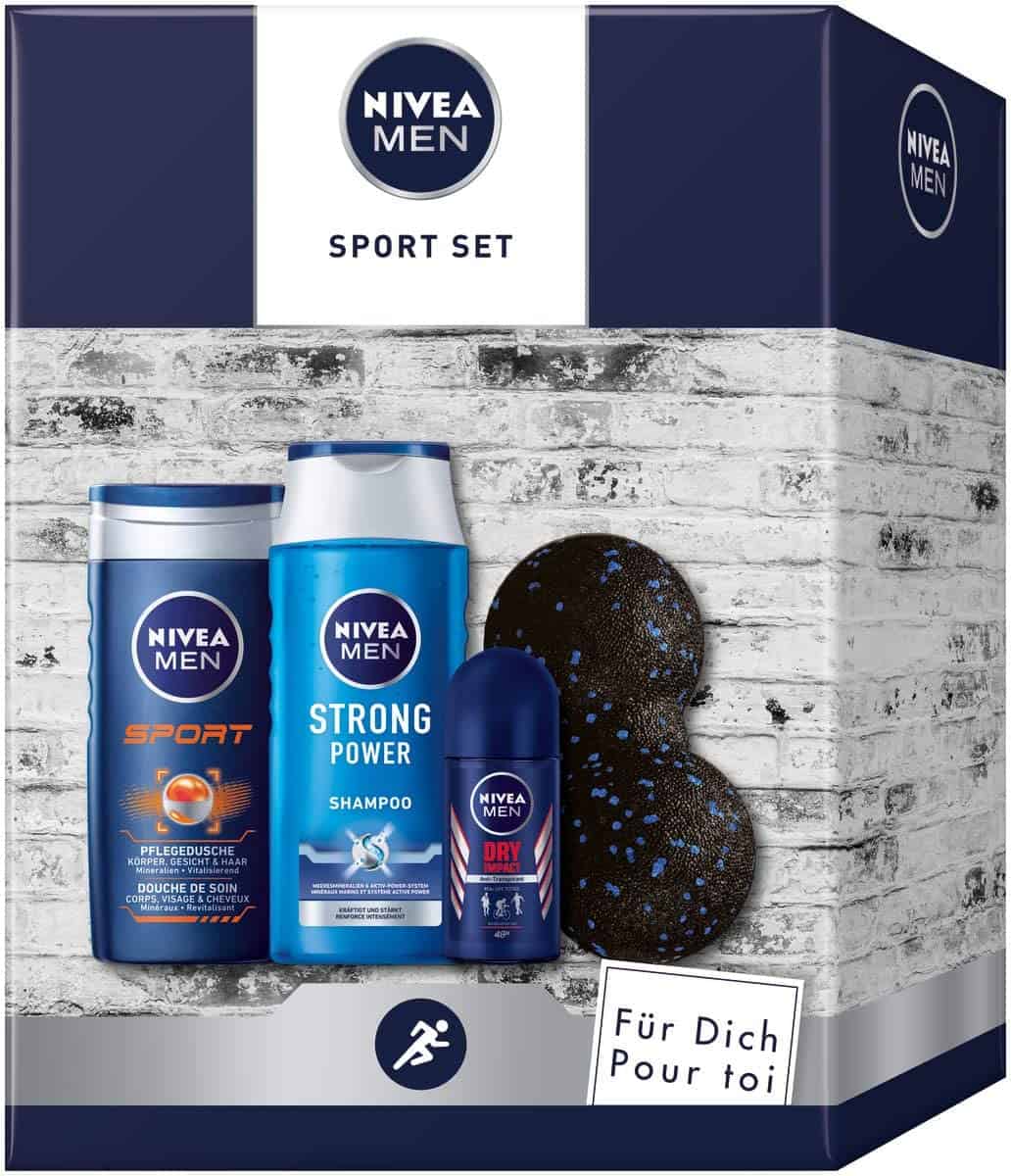 NIVEA MEN Sport Geschenkset, Geschenk für Männer mit Pflegedusche, Shampoo, Antitranspirant und Faszienball, Set für den gepflegten Mann