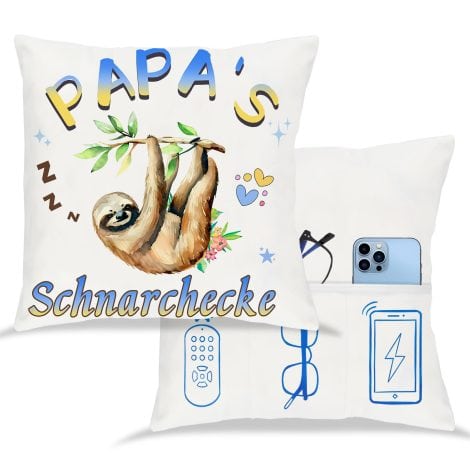 Geschenk für Papa: Papa Schnarchecke – Kissenbezug mit Taschen, 45x45cm, Weiß, ideal für Weihnachten, Vatertag, Geburtstag.